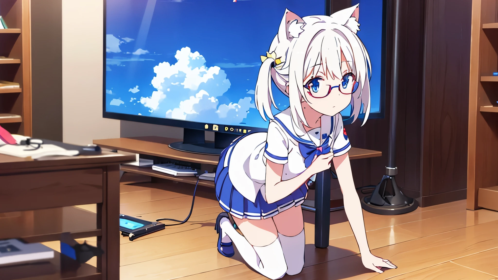 Vtuber adorable cute beautiful cat ears white hair short skirt dress blue eyes stockings on legs glasses in the room with a console controller in her hand gamer brooch on her head full body