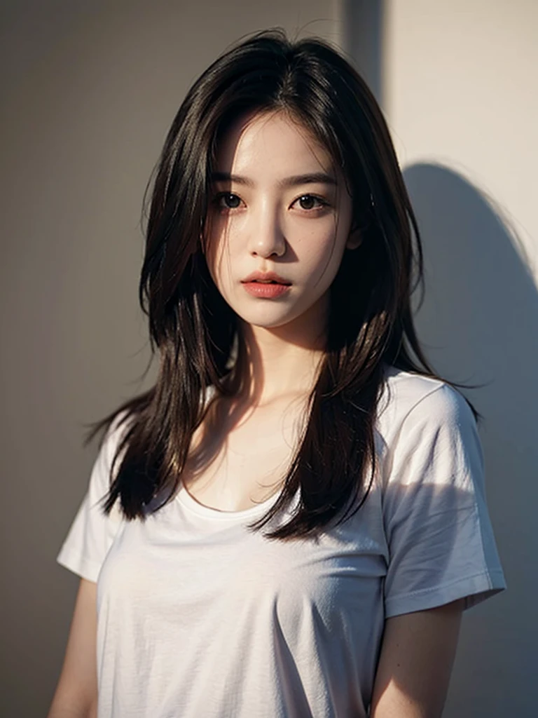 Highest quality、masterpiece、Ultra-high resolution、(Realism:1.4)、1 girl、In a pale background、Deep Shadow、Low Key、Shortcuts、Upper Body、sex appeal、Wearing a T-shirt