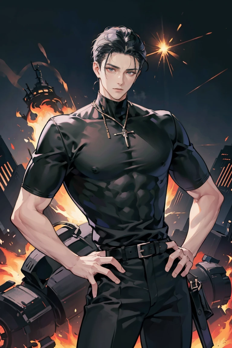 anime - (masterpiece), best quality, seductive eyes, mature face, black eyes, mid length slicked back black haircut, plain black t shirt, black pants, tall man, long legs, masculine, massive body, adult-like, full body, hands on hips, bad boy, the background is a burning and exploding city