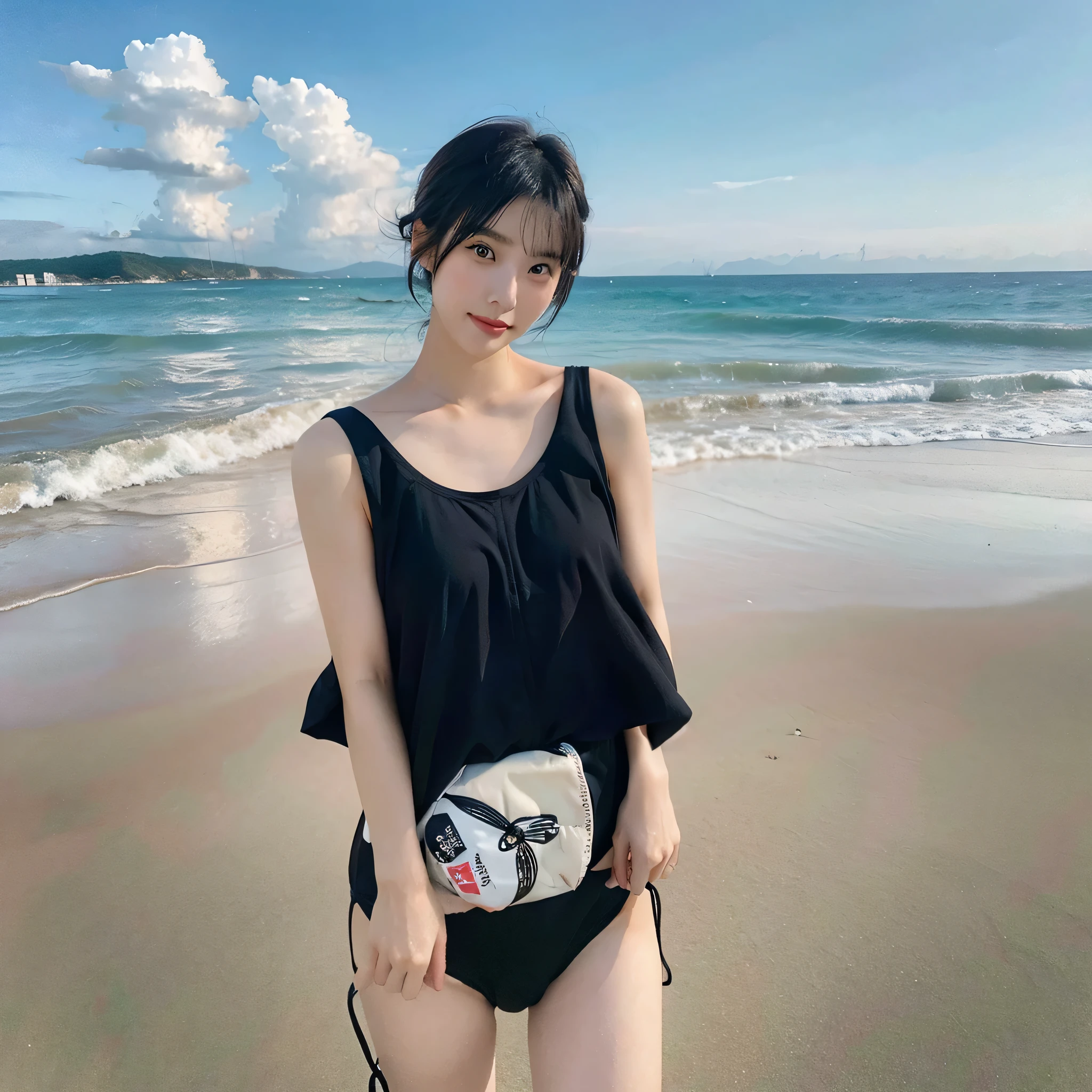 A girl,japanese,  Short black hair, in beach,  swimsuit 