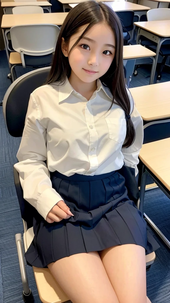 Photo of a beautiful Japanese woman sitting on chair in class room,,after school,spread legs ,Lift up your skirt and show your panties,Lift up your skirt and show your panties