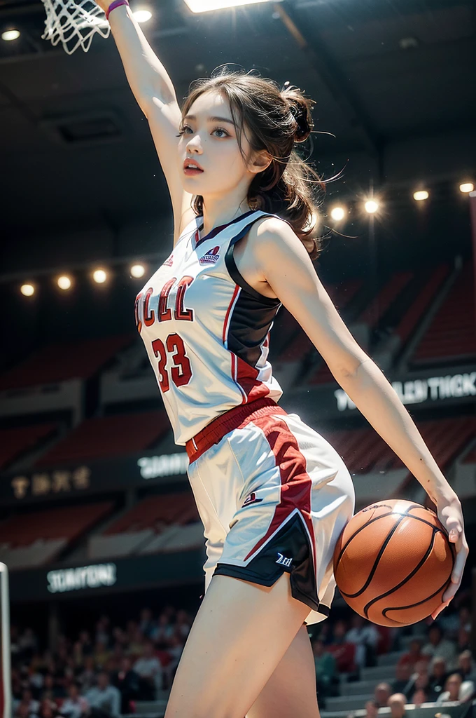 (((best quality))), (((ultra detailed))), (((masterpiece))), illustration, ((1girl,female basketball player,solo)),(slam dunk:1.3),(dunking in the air:1.3), intensity, determined expression, flushed face, perspiration, almond-shaped eyes, mesh jersey, team name and number, form-fitting shorts, athletic build, high-top basketball shoes, indoor basketball gym, well-lit, wooden floor, scoreboard, spectators, stands, action, impact, ball through the hoop, victory, achievement, dedication, skill,(basketball:1.3)
