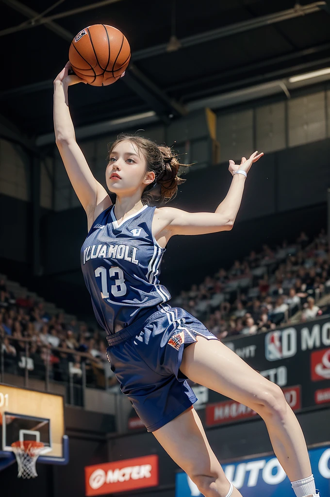 (((best quality))), (((ultra detailed))), (((masterpiece))), illustration, ((1girl,female basketball player,solo)),(slam dunk:1.3),(dunking in the air:1.3), intensity, determined expression, flushed face, perspiration, almond-shaped eyes, mesh jersey, team name and number, form-fitting shorts, athletic build, high-top basketball shoes, indoor basketball gym, well-lit, wooden floor, scoreboard, spectators, stands, action, impact, ball through the hoop, victory, achievement, dedication, skill,(basketball:1.3)