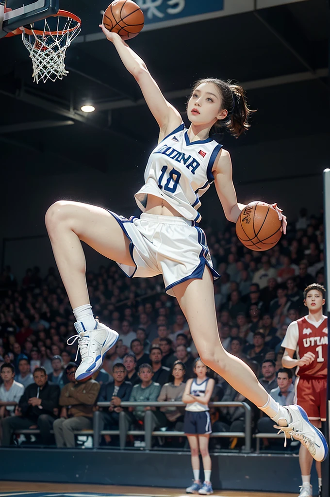 (((best quality))), (((ultra detailed))), (((masterpiece))), illustration, ((1girl,female basketball player,solo)),(slam dunk:1.3),(dunking in the air:1.3), intensity, determined expression, flushed face, perspiration, almond-shaped eyes, mesh jersey, team name and number, form-fitting shorts, athletic build, high-top basketball shoes, indoor basketball gym, well-lit, wooden floor, scoreboard, spectators, stands, action, impact, ball through the hoop, victory, achievement, dedication, skill,(basketball:1.3)