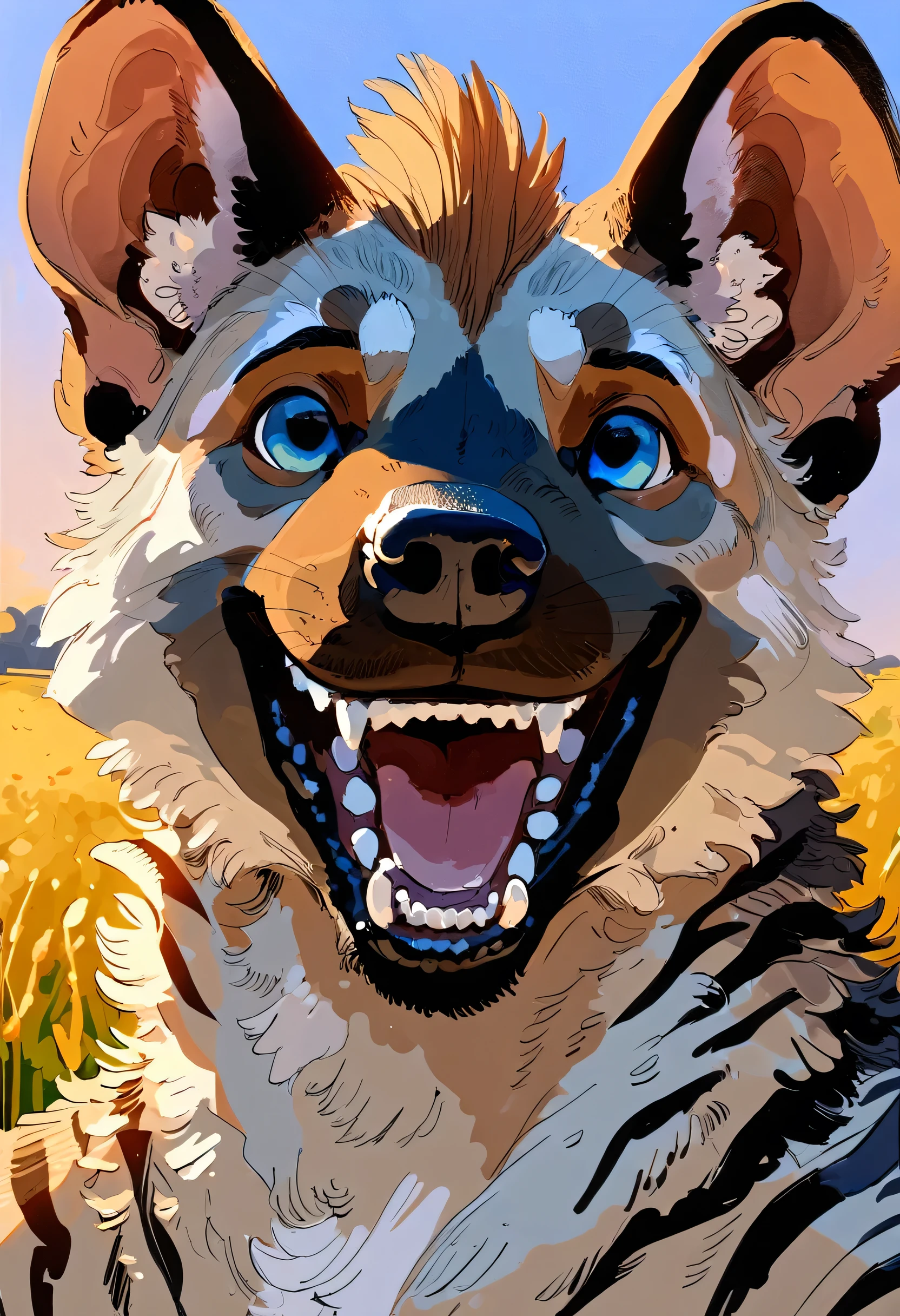 ((((Striped Hyena)))), solo, male, (anthro), (by seyorrol), ((intricate detailed background, field background, dusk)) realistic shading, (epic, masterpiece, high quality, 8k, ultra HD, absurd res, top quality, best quality, max quality, masterpiece), ((feminine body, feminine features)), (correct :1.2), snout, fur, realistic blue eyes, (((looking at viewer, happy, laughing))), ((dynamic lighting)), (headshot), dark stripes, 