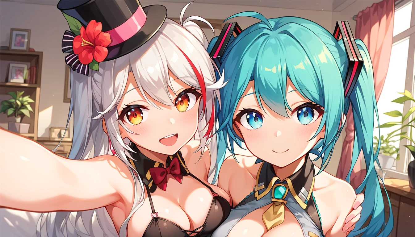 ((2girls:1.3)), ((moe style:1.3)), ((oasis:1.3)), full body, ((top hat:1.3)), white hair, prinz eugen (azur lane), selfie, hatsune miku, ((perfect face)), ((extremely cute:1.3)), ((masterpiece:1.3)), ((8k)), ((best quality:1.3)), ((beautiful)), ((extremely detailed:1.3)) , ((absurdres)), AddXL, ((score_9:1.3)), ((score_8_up:1.3)), ((score_7_up:1.3)), Expressiveh