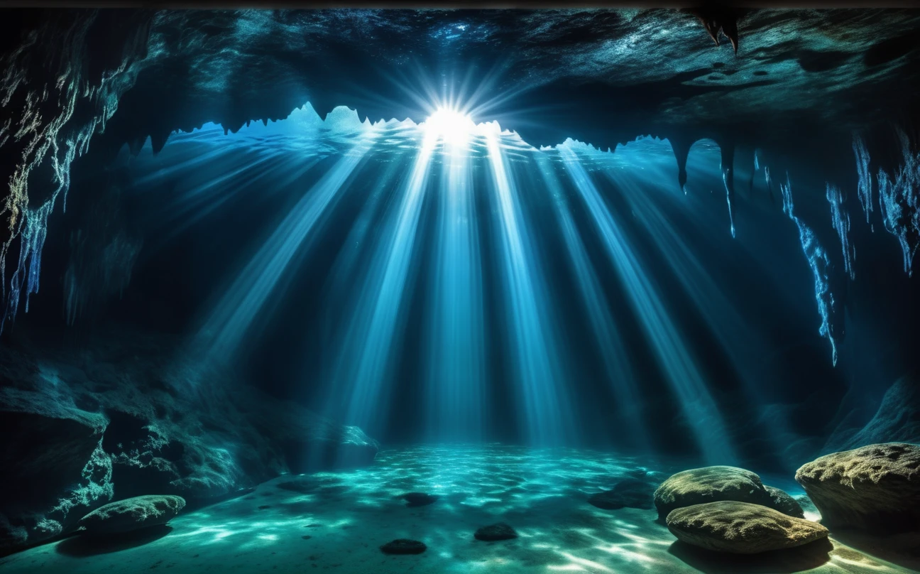 Photograph of a dark gloomy underwater cave we see large strange (sinister alien creatures:1.3) visible within. sunbeams cutting through the darkness creating a creepy eerie feel, unnerving, disturbing. The sapphire water is crystal clear. masterpiece professional photography. (intricately detailed:1.2), HDR, UHD, 64 megapixels, photorealistic