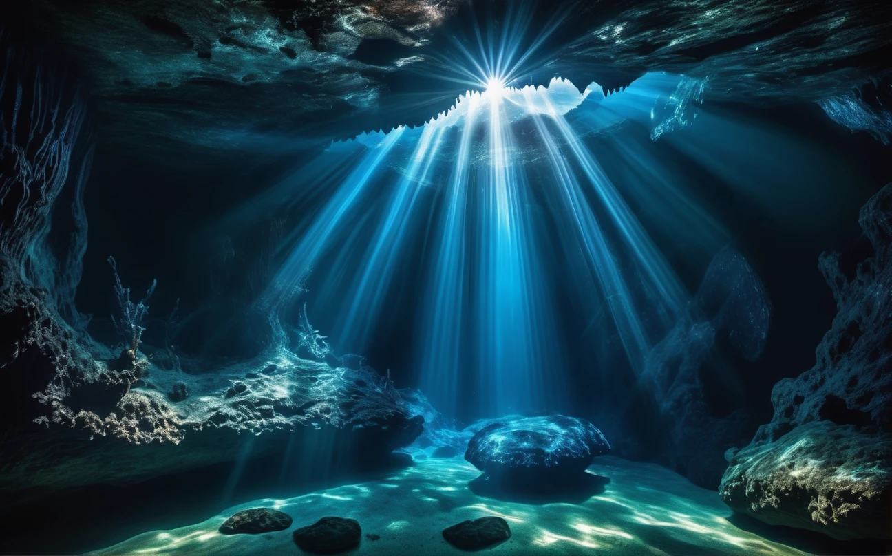 Photograph of a dark gloomy underwater cave we see large strange (sinister alien creatures:1.3) visible within. sunbeams cutting through the darkness creating a creepy eerie feel, unnerving, disturbing. The sapphire water is crystal clear. masterpiece professional photography. (intricately detailed:1.2), HDR, UHD, 64 megapixels, photorealistic