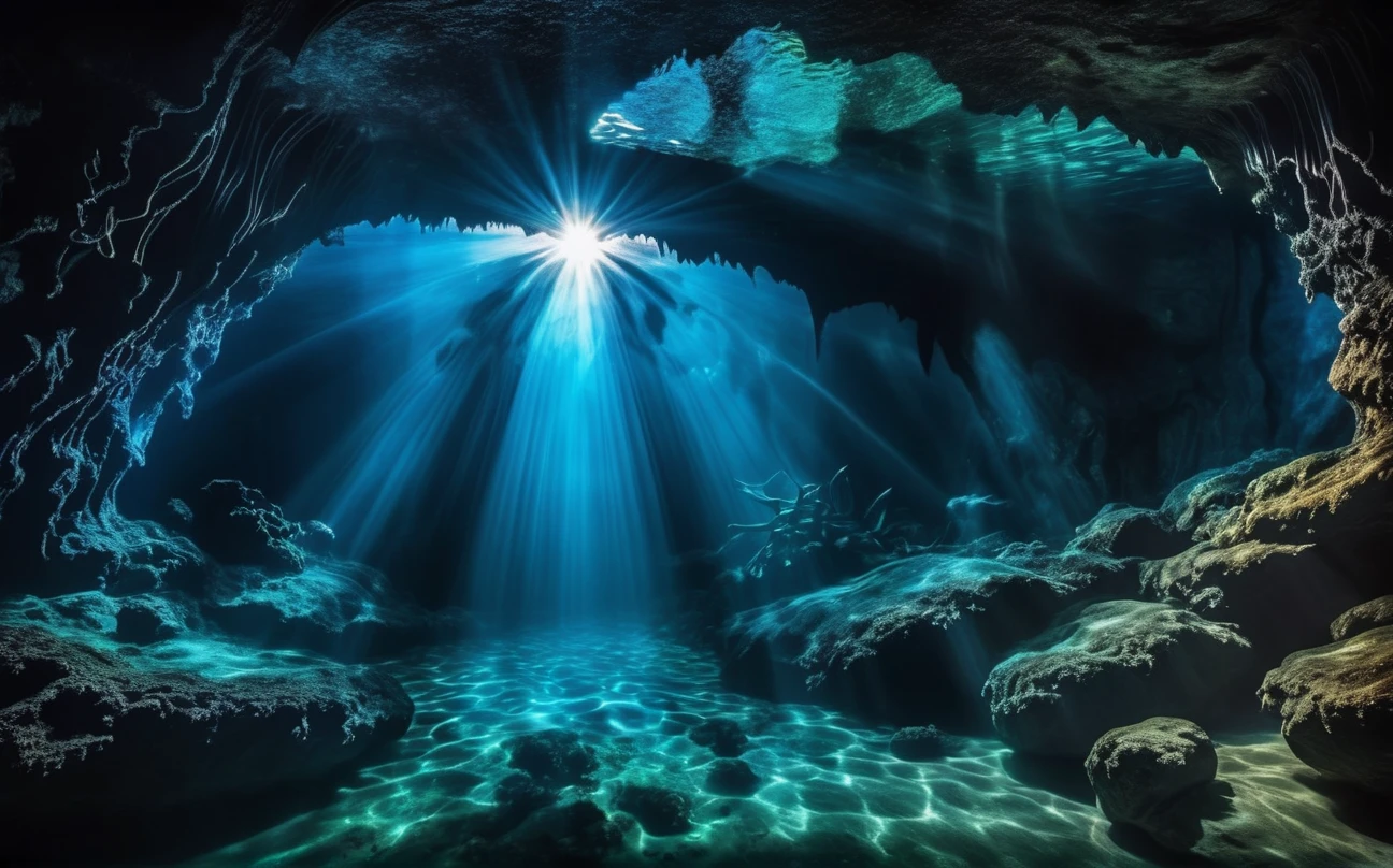 Photograph of a dark gloomy underwater cave we see large strange (sinister alien creatures:1.3) visible within. sunbeams cutting through the darkness creating a creepy eerie feel, unnerving, disturbing. The sapphire water is crystal clear. masterpiece professional photography. (intricately detailed:1.2), HDR, UHD, ?? megapixels, photorealistic