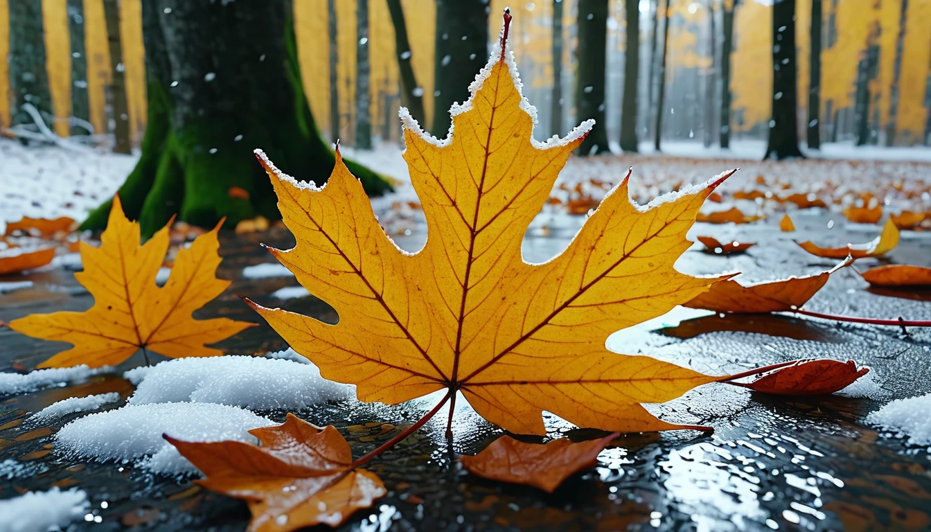 winter leaves, magical round leaves leaves falling, snow is falling thinly,nature documentry footage, youtube video screenshot, today's featured photography 4k, autumn rain turkel, nature photography 4k, november, cinematic widescreen shot, leaves and magic, high quality screenshot, 2 0 2 1 cinematic 4 k framegrab, wide screenshot