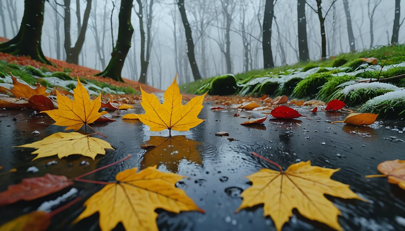 winter leaves, magical round leaves leaves falling, snow is falling thinly,nature documentry footage, youtube video screenshot, today's featured photography 4k, autumn rain turkel, nature photography 4k, november, cinematic widescreen shot, leaves and magic, high quality screenshot, 2 0 2 1 cinematic 4 k framegrab, wide screenshot