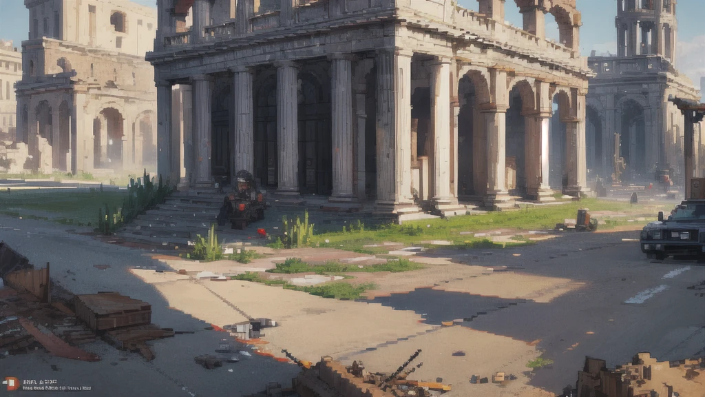 (pixel art_1.1) battlefield, aftermath, roman standard, smokes