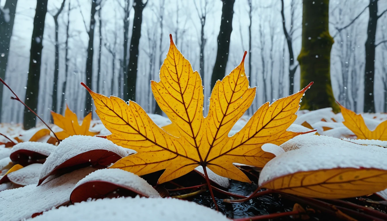 winter leaves, magical round leaves leaves falling, snow is falling thinly,nature documentry footage, youtube video screenshot, today's featured photography 4k, autumn rain turkel, nature photography 4k, november, cinematic widescreen shot, leaves and magic, high quality screenshot, 2 0 2 1 cinematic 4 k framegrab, wide screenshot