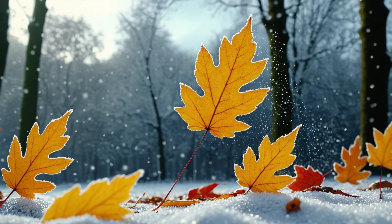 winter leaves, magical round leaves leaves falling, snow is falling thinly,nature documentry footage, youtube video screenshot, today's featured photography 4k, autumn rain turkel, nature photography 4k, november, cinematic widescreen shot, leaves and magic, high quality screenshot, 2 0 2 1 cinematic 4 k framegrab, wide screenshot
