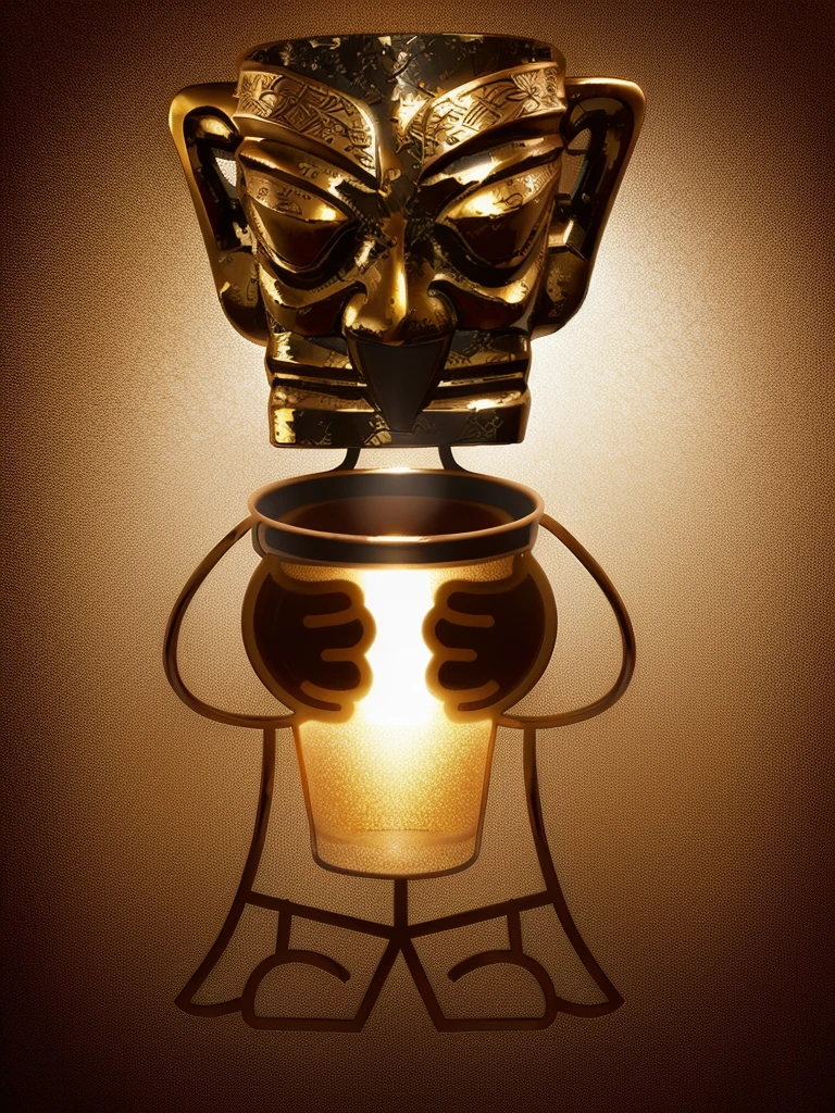 Close up of bronze cartoon character holding a cup of coffee, Pick up, Sanxingdui Ornamentatio, Sanxingdui, 拿着Coffee cup的全身青铜人物, mascot, Coffee cup, masterpiece,Rich details,High-definition quality