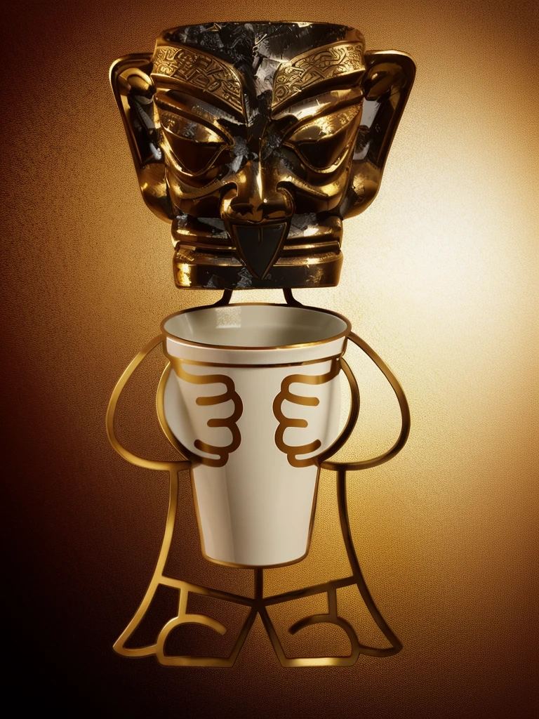 Close up of bronze cartoon character holding a cup of coffee, Pick up, Sanxingdui Ornamentatio, Sanxingdui, 拿着Coffee cup的全身青铜人物, mascot, Coffee cup, masterpiece,Rich details,High-definition quality