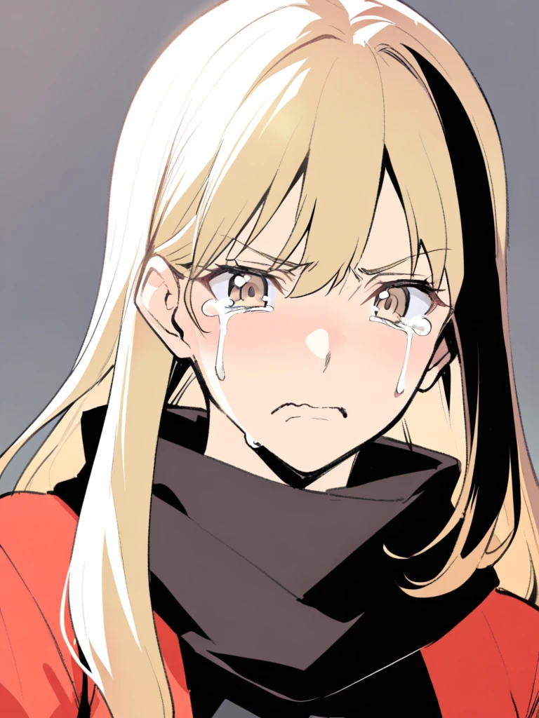{{Upper part of the body}} {{Artist: sincos}} mature woman, Straight hair, wide, with black and blonde highlights, light brown eyes, black ninja scarf, Red jacket, tight black t-shirt, Gloves without fingers, with tears in the eyes, crying, serious expression