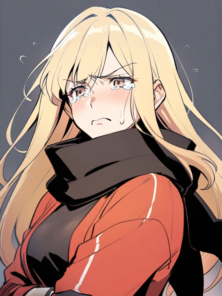 {{Upper part of the body}} {{Artist: sincos}} mature woman, Straight hair, wide, with black and blonde highlights, light brown eyes, black ninja scarf, Red jacket, tight black t-shirt, Gloves without fingers, with tears in the eyes, crying, serious expression