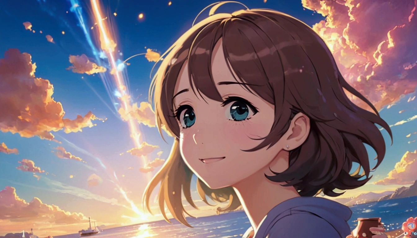 Feminized Maple Manyo、Anime Style、Long-haired girl relaxing and drinking coffee at a seaside cafe、profile、Big eyes、beautiful、City pop fashion、The sea spreads out before your eyes