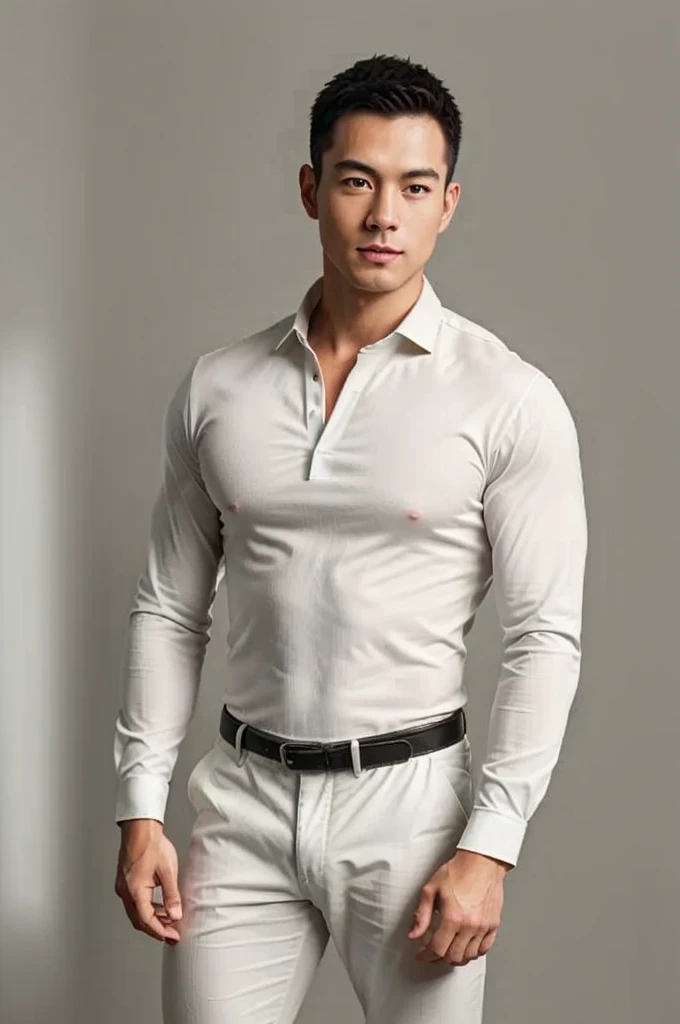 1man, 
a 30 y.o muscular male wearing long-sleeve white shirt and tie, wearing leather shoes,  full body, 
soft lighting, 
masterpiece, best quality, 8k uhd, dslr, film grain, Fujifilm XT3 photorealistic painting art by midjourney and greg rutkowski