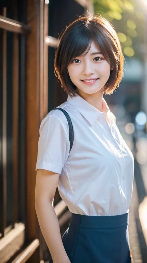 masterpiece、Highest quality、Official Art、Highly Detailed CG Wallpaper in Unity 8K、Like a 、Very delicate and beautiful、Ultra-high resolution、（Photorealistic：1.4）、Golden Hour Lighting、（Upper body）、（プラチナshort hair：1.2）、（Puffy eyes）、Looking at the audience、Facing forward、Detailed face、JK skirt、Walking、corridor、short hair、A sloppy smile