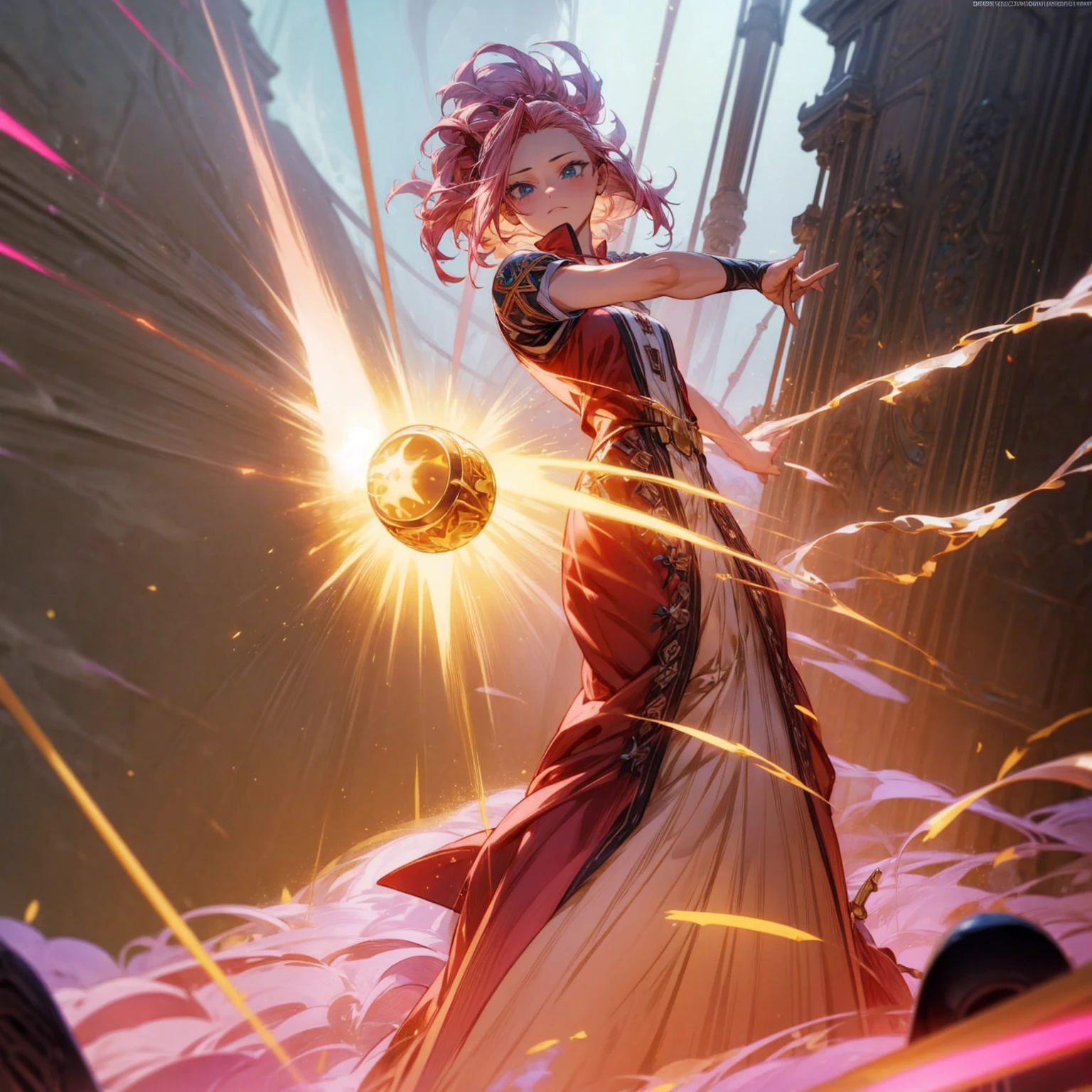 1girl, Full body version, 1character, blue eyes, long Curly haircut, pink colour hair, ancient roman style clothing, red colour clothing, Grassroots, background in field Castle, motion blur, (Hunter x Hunter style), aura effect, lighting aura, smoke effect, lighting sun, sun, plasma effect, smoke effect, fire, golden fireball,