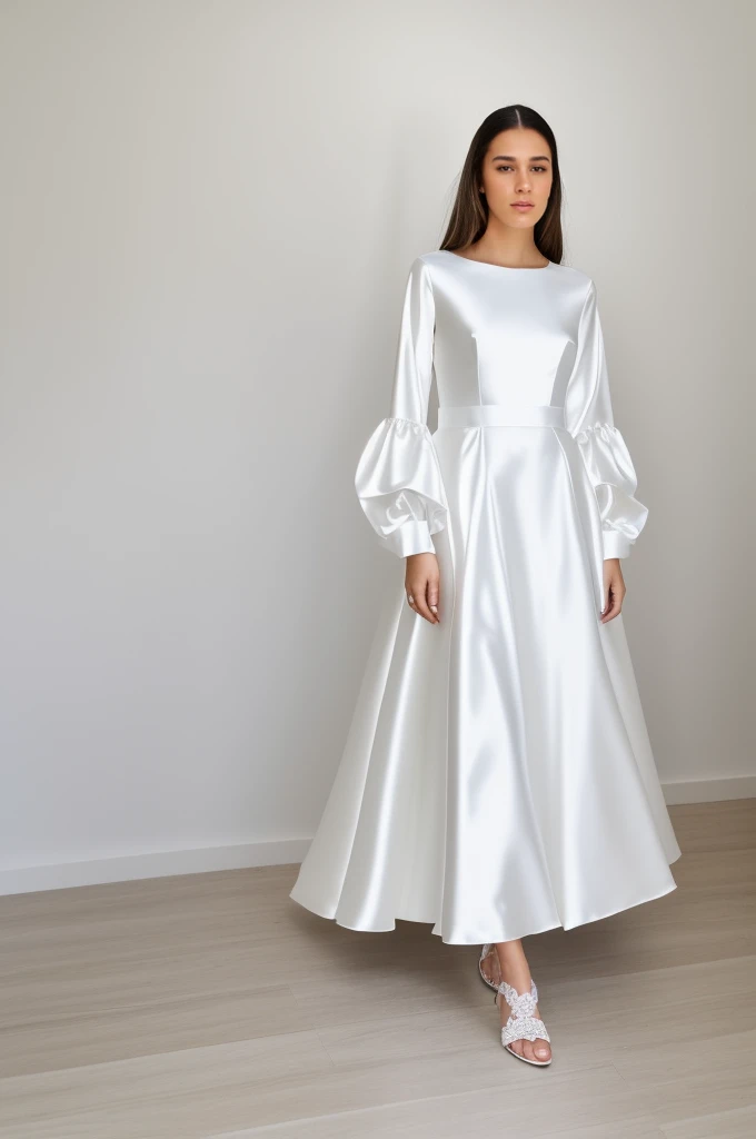 Best quality, 8k, 32k, Masterpiece, Masterpiece, (Photorealistic: 1.4), RAW photo, ultra realistic, 1girl, Fashion model, Wearing a long sleeves wedding dress, satin fabric, full length view, pose Stand upright in white room with a minimalist design, featuring white walls and a clean, modern aesthetic.