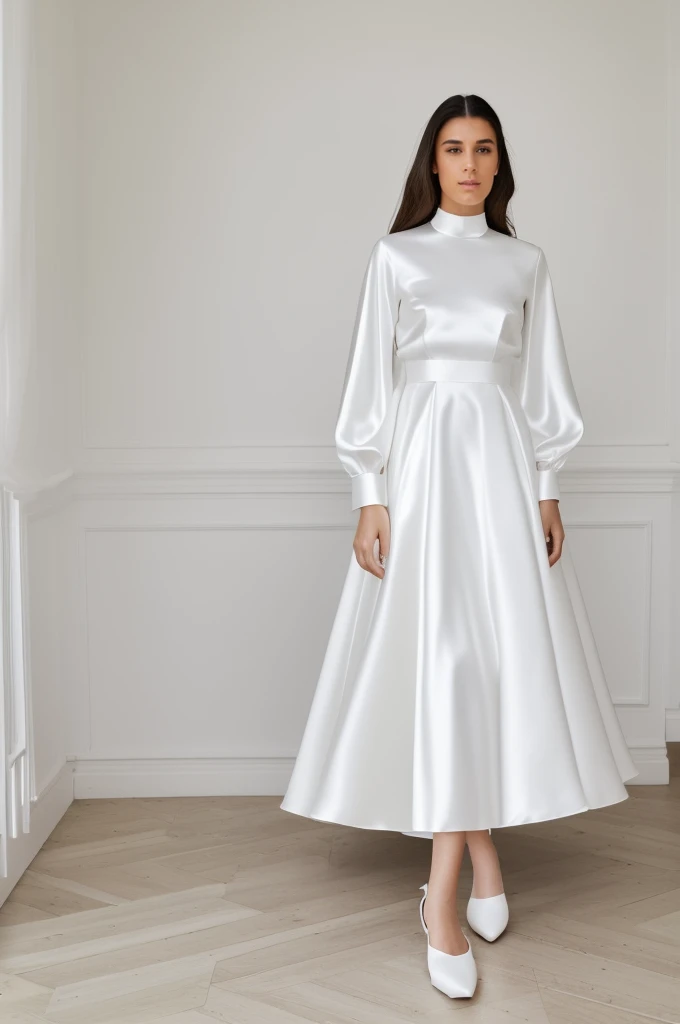 Best quality, 8k, 32k, Masterpiece, Masterpiece, (Photorealistic: 1.4), RAW photo, ultra realistic, 1girl, Fashion model, Wearing a long sleeves wedding dress, satin fabric, full length view, pose Stand upright in white room with a minimalist design, featuring white walls and a clean, modern aesthetic.