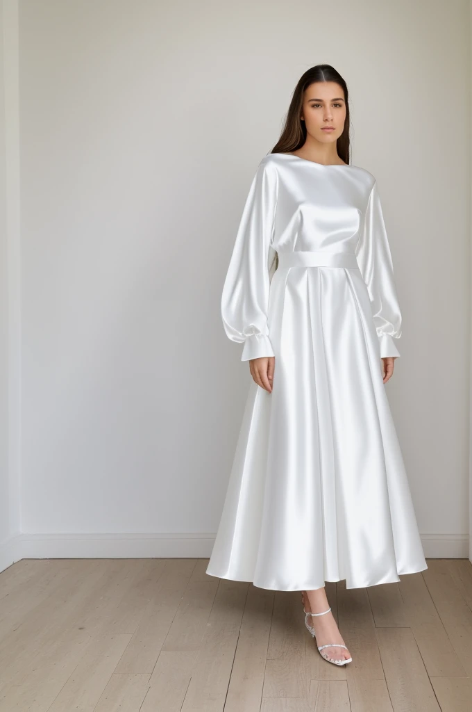 Best quality, 8k, 32k, Masterpiece, Masterpiece, (Photorealistic: 1.4), RAW photo, ultra realistic, 1girl, Fashion model, Wearing a long sleeves wedding dress, satin fabric, full length view, pose Stand upright in white room with a minimalist design, featuring white walls and a clean, modern aesthetic.