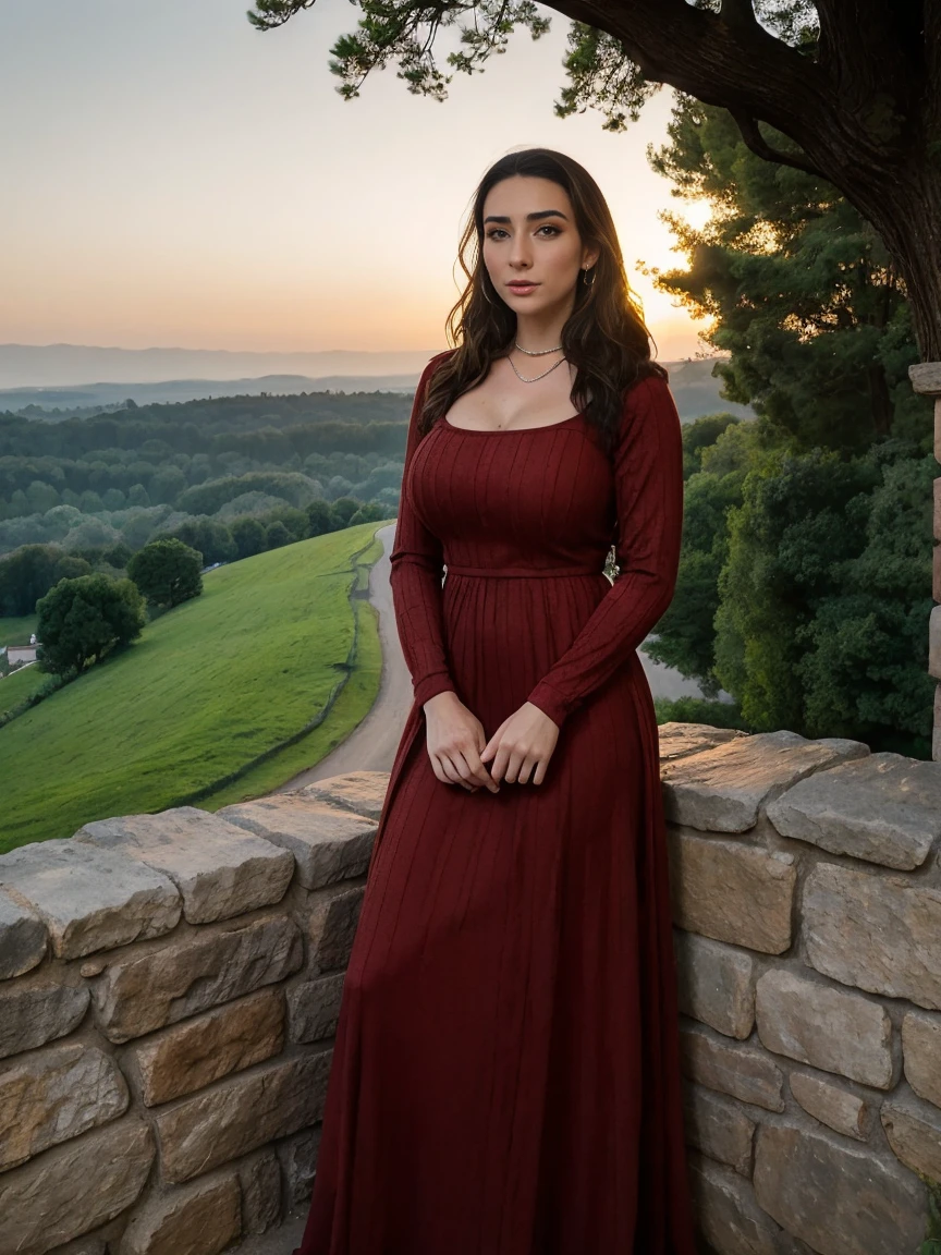 Gorgeous and sultry busty athletic (thin) brunette queen with sharp facial features wearing a modest updo, dark red medieval dress, long sleeves, intricate patterns, scrollwork, wide neck, crown, veil, long dress, modest dress, tight bodice, (silver waist chain), medieval jewelry, Middle Ages, castle, rampart, wall, exterior, on top of a castle wall, trees, countryside, evening, sunset.