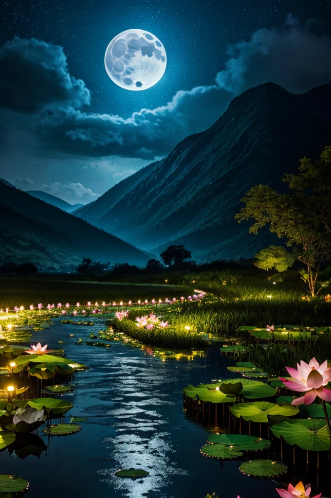 At night, only the moonlight illuminates, crooked moon, mountains in the distance, beautiful big lotus flowers nearby, big red lotus flowers, running water next to it, frogs, summer full of joy, crooked moon in the sky mixed with stars, amazing wallpaper, rainy night, night in the rain, beautiful and beautiful, movie, high detail ((heavy rain))), 8k