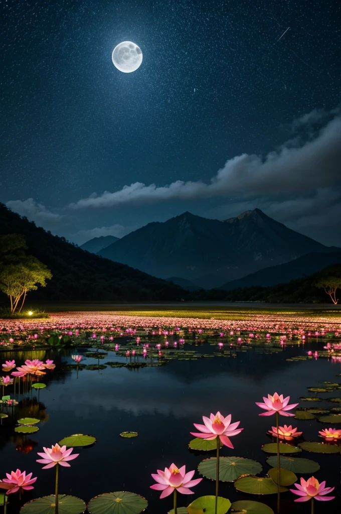 At night, only the moonlight illuminates, crooked moon, mountains in the distance, beautiful big lotus flowers nearby, big red lotus flowers, running water next to it, frogs, summer full of joy, crooked moon in the sky mixed with stars, amazing wallpaper, rainy night, night in the rain, beautiful and beautiful, movie, high detail ((heavy rain))), 8k
