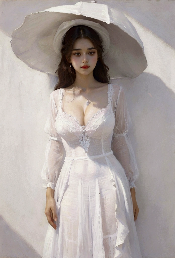 (masterpiece, best quality:1.3), Tall women, big thin white hat, white thin dress, see through dress, pink Poko dot bra, shade on face, pure white eyes, cleavage,