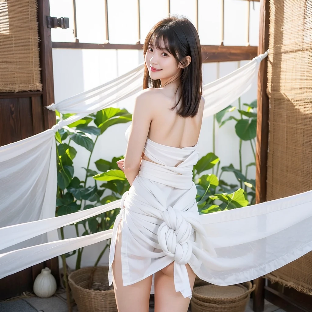 日本people、1people、The most beautiful woman、smile、Shyness、clear、Shiny black hair、Standing with legs shoulder-width apart、Photo Style、length, bangs、light makeup、Standard face、(((Wearing a white Etchu loincloth)))、((Light clothing:0.5))、(She is hiding her breasts by wrapping a cloth around her chest.)、Summer festival、(((Showing off your loincloth))), 32k, Raw photo、Highest quality