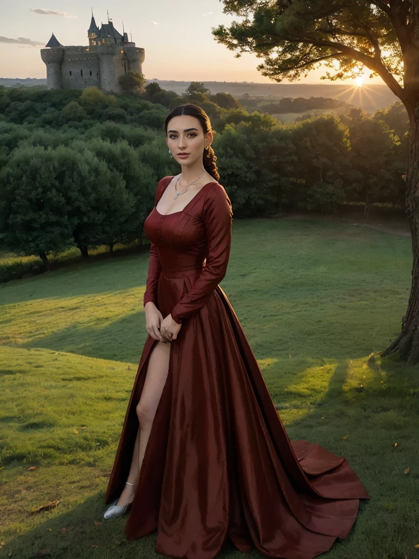 Beautiful and regal, imperious and aloof, busty athletic (thin) brunette queen with sharp facial features, crown braid, wearing a dark red medieval dress, long sleeves, intricate patterns, embroidery, wide neck, crown, veil, long dress, modest dress, tight bodice, (silver waist chain), medieval jewelry, Middle Ages, castle, rampart, wall, exterior, on top of a castle wall, trees, countryside, evening, sunset.