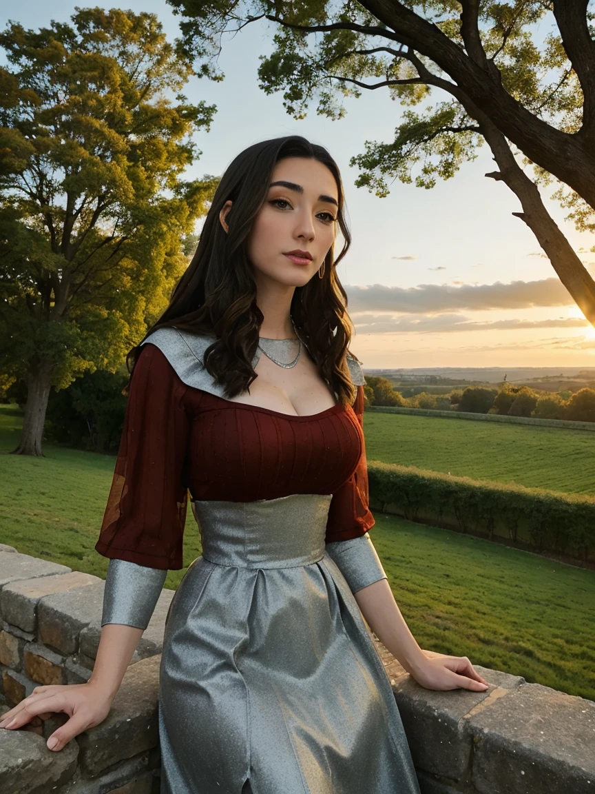 Gorgeous and sultry busty athletic (thin) brunette queen with sharp facial features wearing a modest updo, dark red medieval dress, long sleeves, intricate patterns, scrollwork, wide neck, crown, veil, long dress, modest dress, tight bodice, (silver waist chain), medieval jewelry, Middle Ages, castle, rampart, wall, exterior, on top of a castle wall, trees, countryside, evening, sunset.