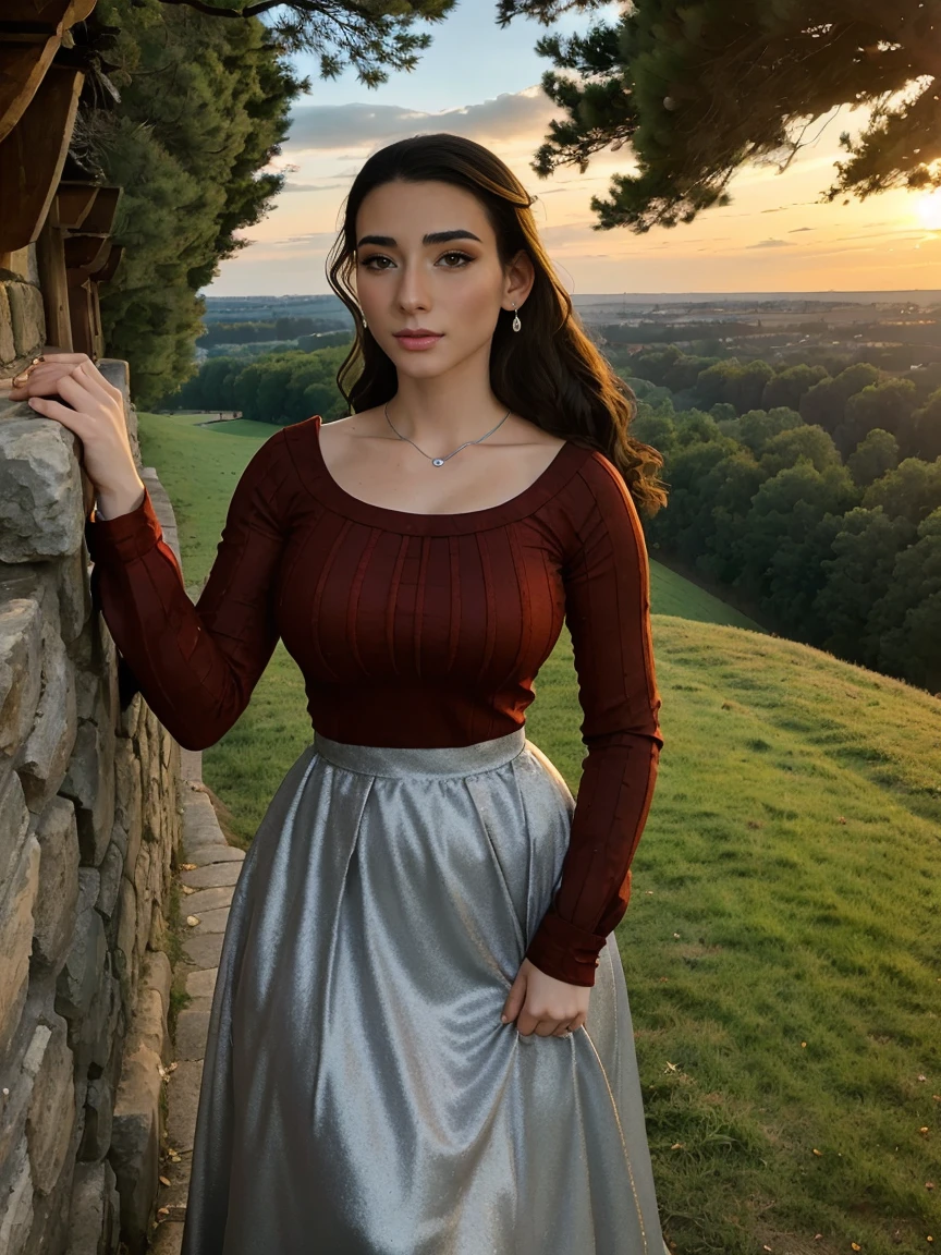 Gorgeous and sultry busty athletic (thin) brunette queen with sharp facial features wearing a modest updo, dark red medieval dress, long sleeves, intricate patterns, scrollwork, wide neck, crown, veil, long dress, modest dress, tight bodice, (silver waist chain), medieval jewelry, Middle Ages, castle, rampart, wall, exterior, on top of a castle wall, trees, countryside, evening, sunset.