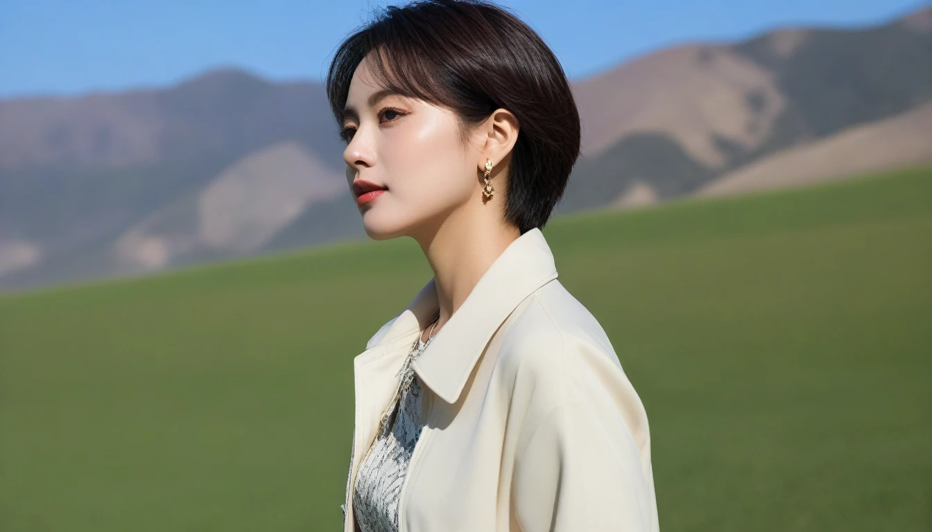 Creating an image of a woman seen from the side, Her gaze is on the camera. She has an elegant profile, With sun-kissed skin that delicately receives light. Her eyes, decorated with mystery, Expressing a combination of confidence and charm. short medium hair., Contributes to her timeless beauty. She is wearing stylish yet understated clothing., Maybe a tailored blouse and a flowing skirt., reinforce her calm demeanor. 장면은 부드러운 background으로 설정되었습니다., So that women’s features can shine. Capture this moment from a side angle, Showcasing her elegance and charm while looking thoughtfully into the distance. high quality, 1 woman, ((36 years old 건강한 한국 여성)), ((36 years old)), 1 woman, short, The eyes are big and beautiful. ((slim)), ((short medium hair)), laugh. pose: standing, Luxury brand windbreaker jacket, casual pants, background: 1 woman, California, pasture, Cow, grass, Upper body shot with 35-70 lens, look up to the side