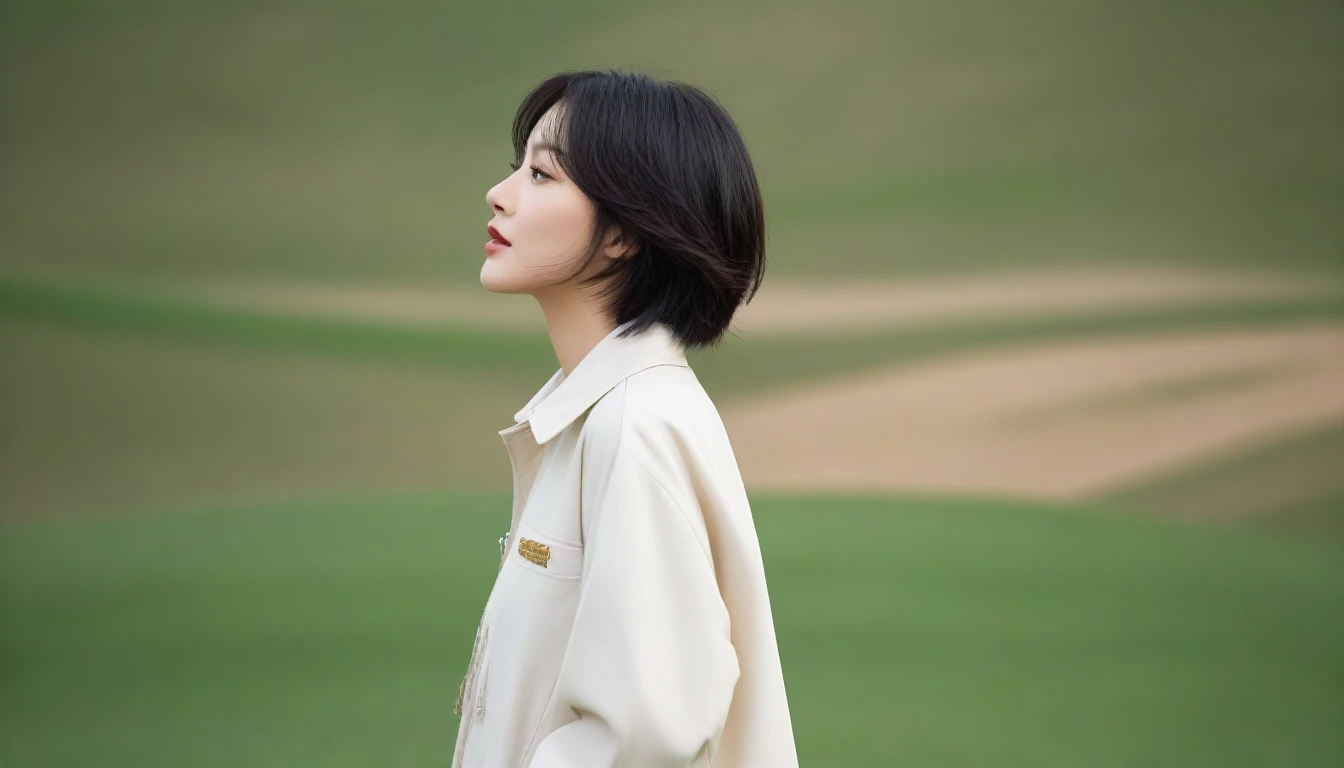 Creating an image of a woman seen from the side, Her gaze is on the camera. She has an elegant profile, With sun-kissed skin that delicately receives light. Her eyes, decorated with mystery, Expressing a combination of confidence and charm. short medium hair., Contributes to her timeless beauty. She is wearing stylish yet understated clothing., Maybe a tailored blouse and a flowing skirt., reinforce her calm demeanor. 장면은 부드러운 background으로 설정되었습니다., So that women’s features can shine. Capture this moment from a side angle, Showcasing her elegance and charm while looking thoughtfully into the distance. high quality, 1 woman, ((36 years old 건강한 한국 여성)), ((36 years old)), 1 woman, short, The eyes are big and beautiful. ((slim)), ((short medium hair)), laugh. pose: standing, Luxury brand windbreaker jacket, casual pants, background: 1 woman, California, pasture, Cow, grass, Upper body shot with 35-70 lens, look up to the side