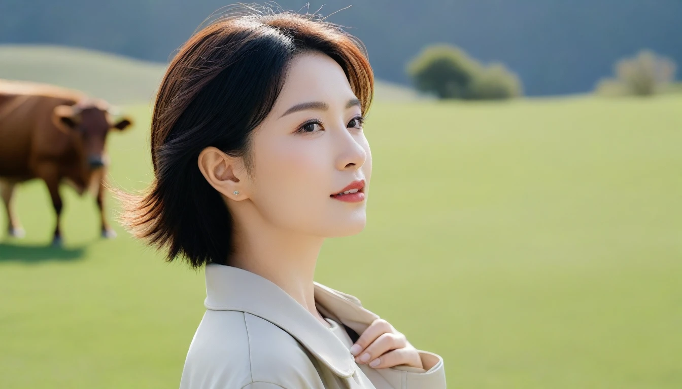 Creating an image of a woman seen from the side, Her gaze is on the camera. She has an elegant profile, With sun-kissed skin that delicately receives light. Her eyes, decorated with mystery, Expressing a combination of confidence and charm. short medium hair., Contributes to her timeless beauty. She is wearing stylish yet understated clothing., Maybe a tailored blouse and a flowing skirt., reinforce her calm demeanor. 장면은 부드러운 background으로 설정되었습니다., So that women’s features can shine. Capture this moment from a side angle, Showcasing her elegance and charm while looking thoughtfully into the distance. high quality, 1 woman, ((36 years old 건강한 한국 여성)), ((36 years old)), 1 woman, short, The eyes are big and beautiful. ((slim)), ((short medium hair)), laugh. pose: standing, Luxury brand windbreaker jacket, casual pants, background: 1 woman, California, pasture, Cow, grass, Upper body shot with 35-70 lens, look up to the side