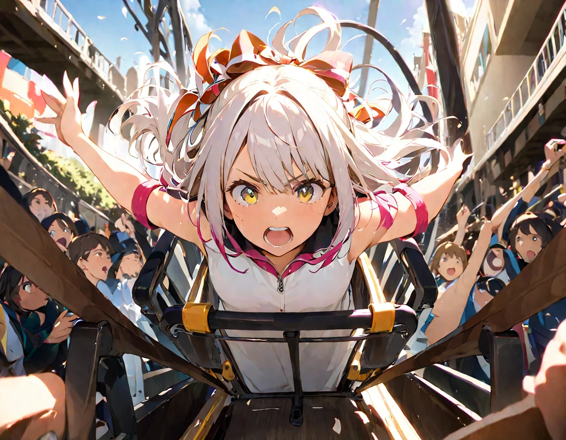 PHOTOGRAPH TAKEN OF A PERSON WHO GOES IN THE FRONT ROW IN A CART ON A SLIDING ROLLER COASTER, IT IS ABLE TO PERSIVE THE EFFECT OF THE SPEED WITH WHICH IT IS GOING DOWN. BEHIND HER, SEVERAL PEOPLE ARE WITH THEIR HANDS RAISED., SHE HAS AN ADRENALINE EXPRESSION AND I AM FEAR AND 