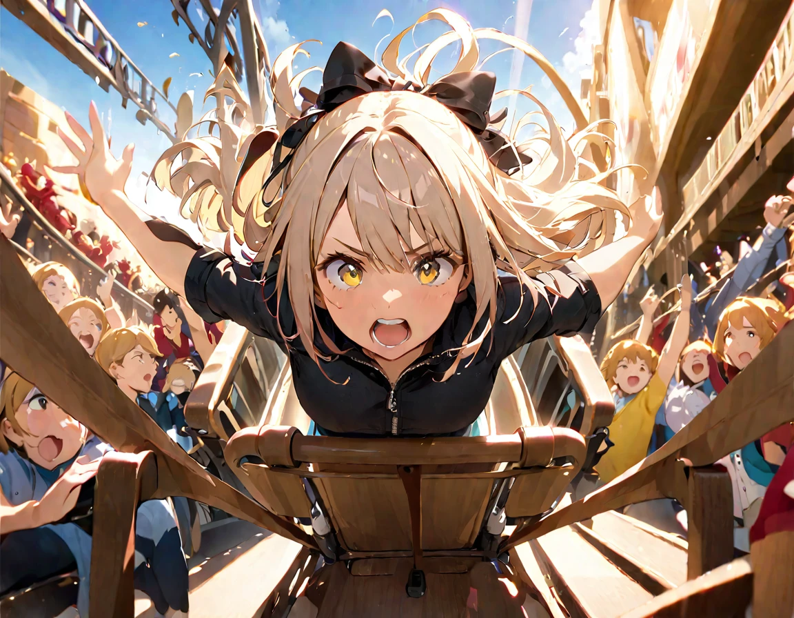 PHOTOGRAPH TAKEN OF A PERSON WHO GOES IN THE FRONT ROW IN A CART ON A SLIDING ROLLER COASTER, IT IS ABLE TO PERSIVE THE EFFECT OF THE SPEED WITH WHICH IT IS GOING DOWN. BEHIND HER, SEVERAL PEOPLE ARE WITH THEIR HANDS RAISED., SHE HAS AN ADRENALINE EXPRESSION AND I AM FEAR AND