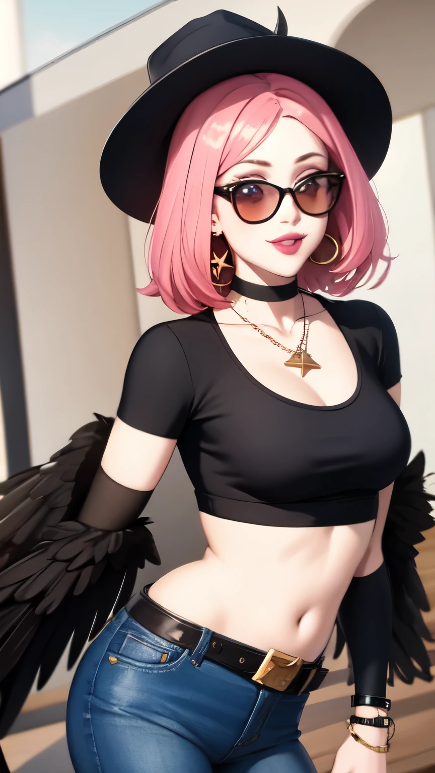 (masterpiece, best quality:1.2), 1girl, solo, city background, haze \(fortnite\), Harpy Haze From fortnite, 1girl, earrings, glasses, hat, jewelry, lips, long hair, looking at viewer, makeup, nail polish, pink eyes, pink hair, pink nails, smile, sunglasses, tinted eyewear, belt, black pants, hanky hem crop top, crop top, eyeshadow, midriff, navel, pants, choker, fingernails, round eyewear, sharp fingernails, standing, black feathers, black headwear, hoop earrings, horned headwear, horns, denim, winged arms, feather trim, star \(symbol\), elbow gloves, dark pink lips, feathers, bangle, crop top overhang, feathered wings, multicolored hair, multicolored wings, fingerless gloves,, shirt, long fingernails, boater hat, bootcut pants, leather pants, sleeves, black sleeves, 