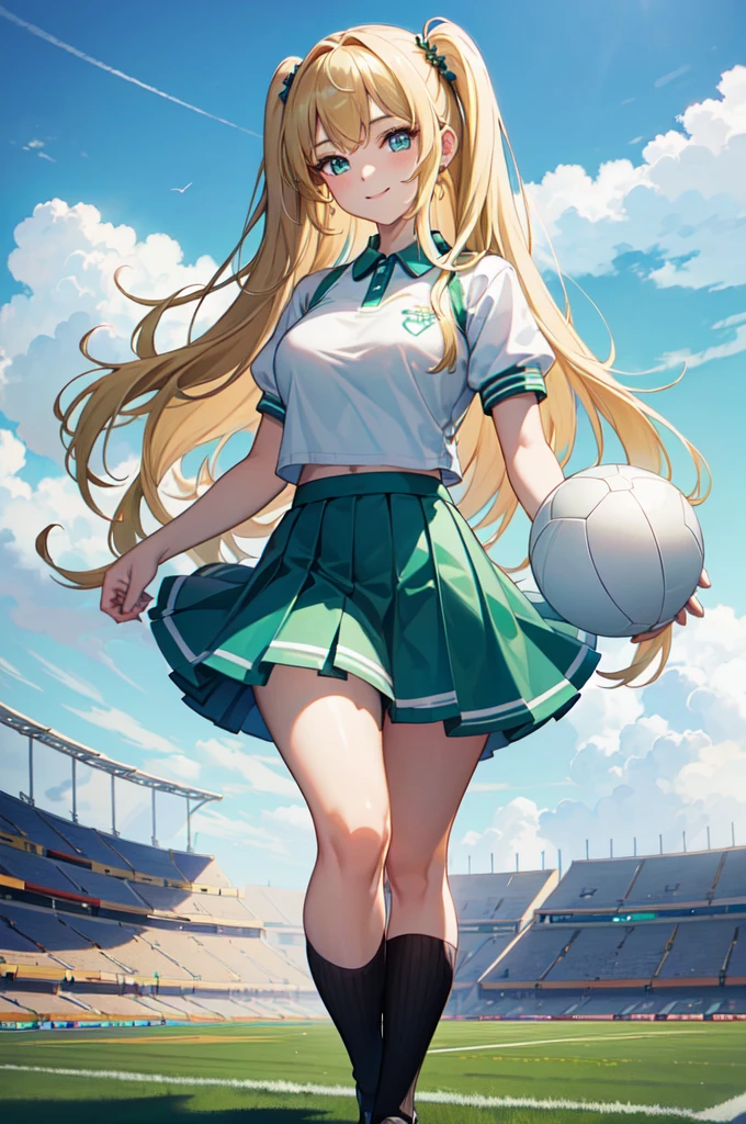 (masterpiece, top quality, best quality, official art, beautiful and aesthetic:1.2), (8k, best quality, masterpiece:1.2), (((masterpiece))), (((best quality))), (((extremely detailed))), illustration, who, (masterpiece, top quality, best quality, official art, beautiful and aesthetic:1.2), (8k, best quality, masterpiece:1.2), 1girl, cheerleader, (((blonde hair))), twin tails, long hair, medium breasts, turquoise eyes, full body, wide hips, smile, skirt, green and white cheerleader uniform, football field, 