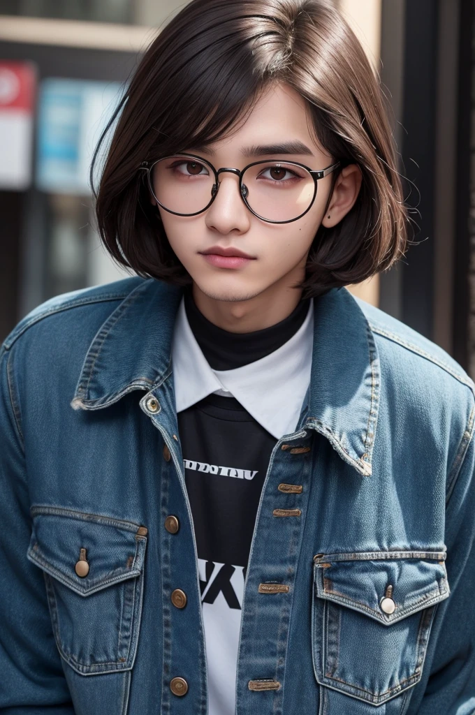 appearance: short dark brown hair with light blue tips, brown dark eyes, a mole below the right eye. fleshy lips, fine nose. Oval face, round glasses, black lipstick, 20 year old man wearing denim jacket, band blouse and a camera around the neck