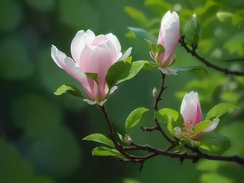 There are two pink flowers on the branch,And green leaves, Mulans, Mulan, Mulan big leaves and stems, Mulan leaves and stems, Mulan stems, Amazingly beautiful, bud, Mulan goliath head ornaments, bud, Flowers in bloom, flowering, Beautiful flowers, Blooming flowers, !!Natural Beauty!!, Flowers bloom, Natural Beauty, Flowers and blooms