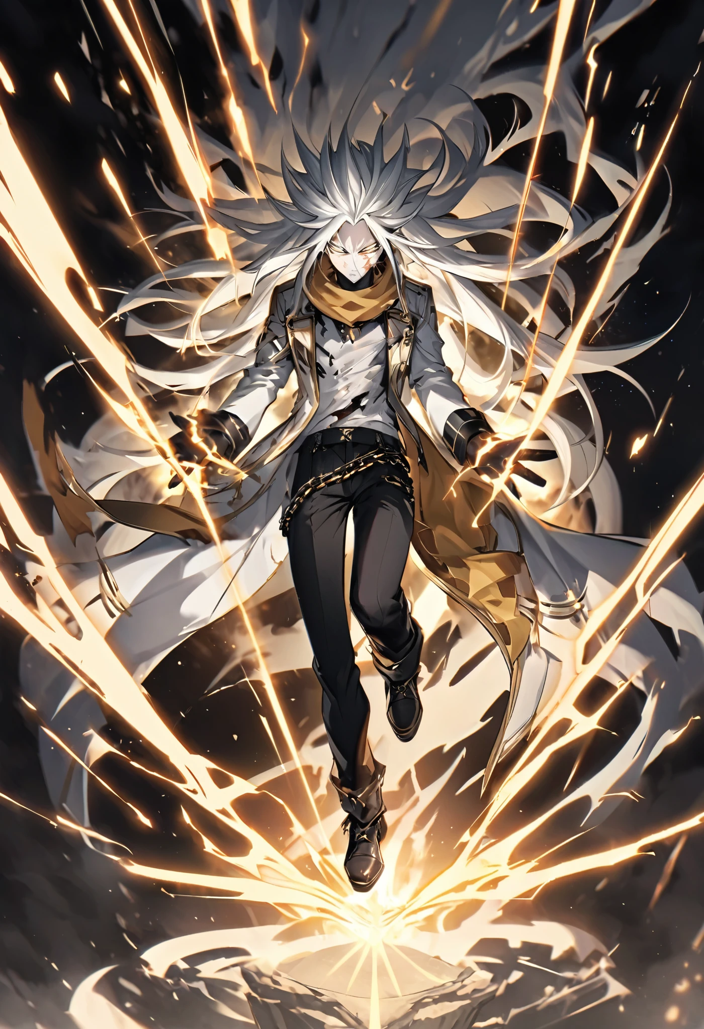 
- **Gender**: Male
Physique:V-Taper
#### Appearance
- **Hair**: Black
- **Scarf**: Ragged, worn around the neck, possibly torn at the edges
- **Clothing**:
  - **Top**: Black and white jacket over a black and white shirt with a design
  - **Bottom**: Black pants and Black Shoes 
- **Distinguishing Feature**: A prominent scar on the face
Ultimate Form:Aether Dimensional
**Dimensional Details**: Chains wrapped around his hands or wrists, glowing faintly with Aether energy, symbolizing his ability to manipulate dimensions.
