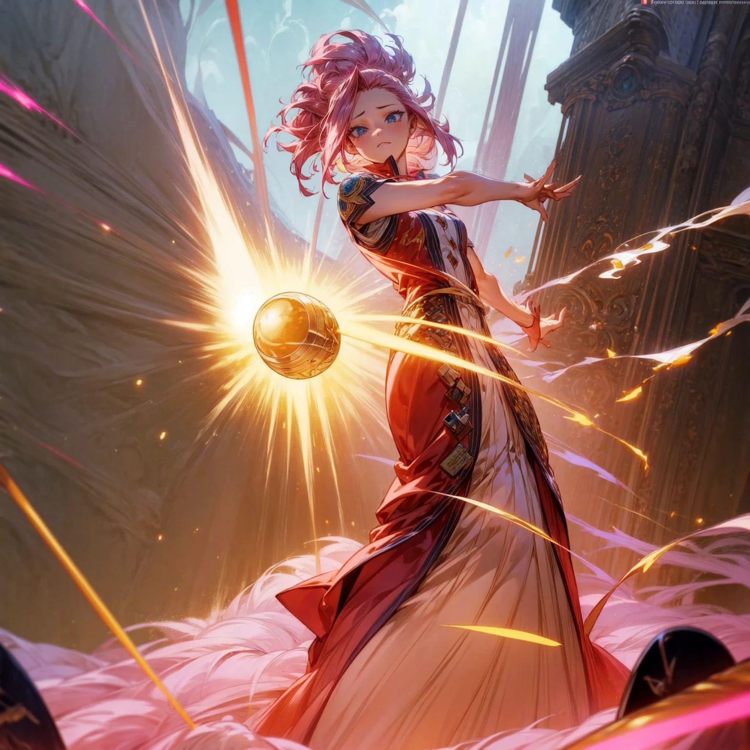 1girl, Full body version, 1character, blue eyes, long Curly haircut, pink colour hair, ancient roman style clothing, red colour clothing, Grassroots, background in field Castle, motion blur, (Hunter x Hunter style), aura effect, lighting aura, smoke effect, lighting sun, sun, plasma effect, smoke effect, fire, golden fireball,