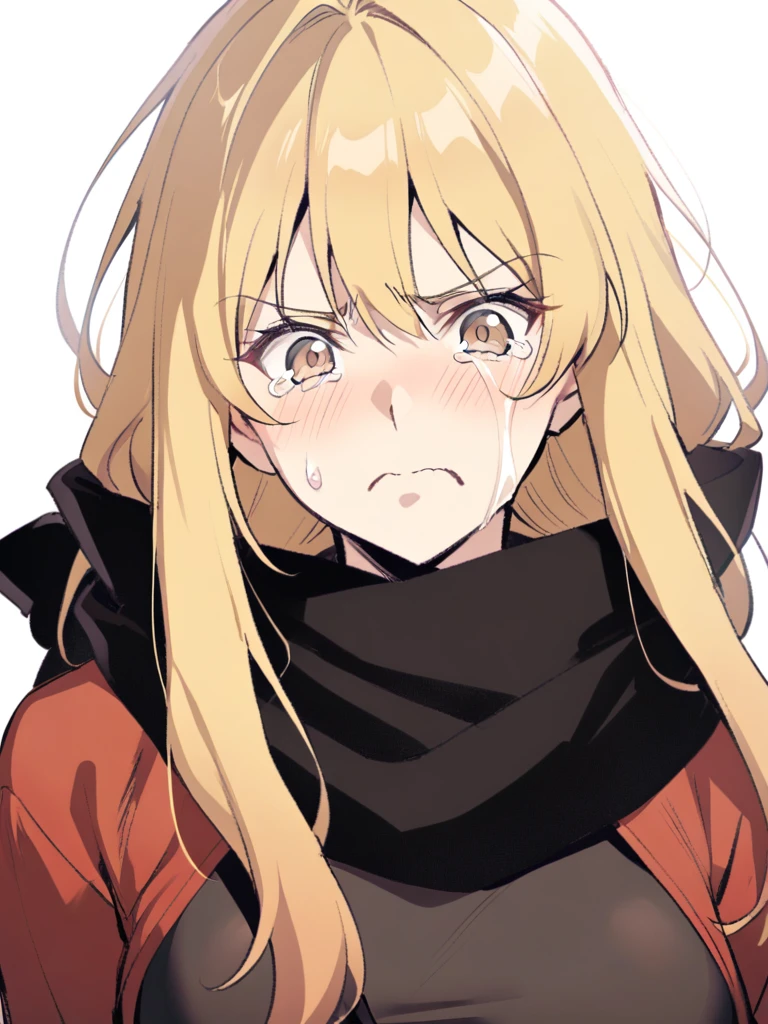 {{Upper part of the body}} {{Artist: sincos}} mature woman, Straight hair, wide, with black and blonde highlights, light brown eyes, black ninja scarf, Red jacket, tight black t-shirt, Gloves without fingers, with tears in the eyes, crying, serious expression