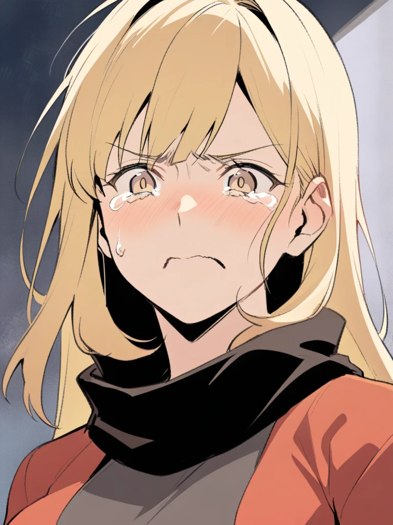 {{Upper part of the body}} {{Artist: sincos}} mature woman, Straight hair, wide, with black and blonde highlights, light brown eyes, black ninja scarf, Red jacket, tight black t-shirt, Gloves without fingers, with tears in the eyes, crying, serious expression